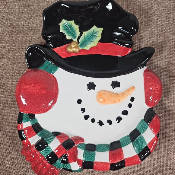 Vintage Fitz and Floyd Essential Top Hat Snowman Wall Decor Or Canape Plate - Picture 1 of 9